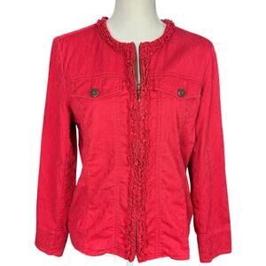 Coldwater Creek Zip Jacket Women Size Medium Red Jacquard Ruffle Flap Pocket Top
